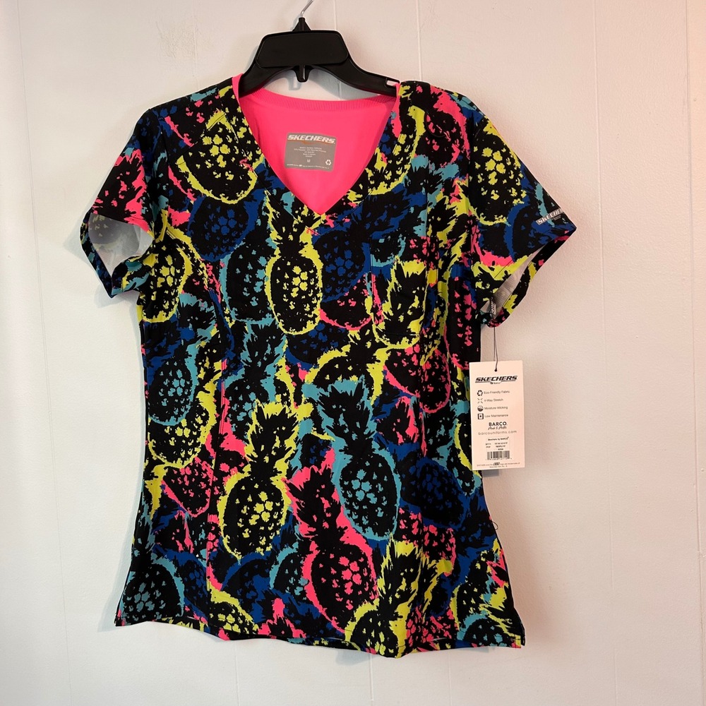 Skechers by Barco Pineapple Pop Scrub Top Neon V-Neck SKT174 Womens Medium NWT